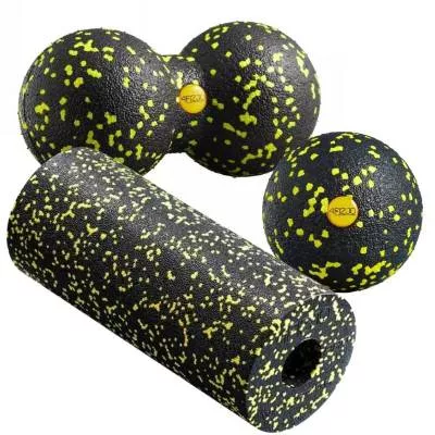 Zestaw rollerów i piłeczek do masażu 4FIZJO - 1 roller + 2 piłki - czarno-żółty