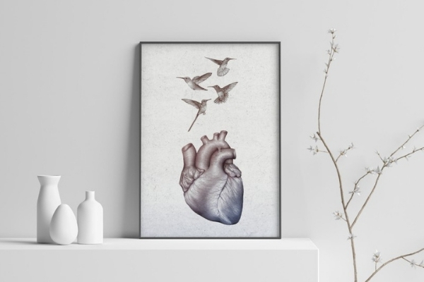Plakat dekoracyjny z sercem i kolibrami w poczekalni