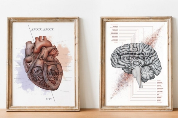 Zestaw plakatów anatomicznych serce i mózg w ramach