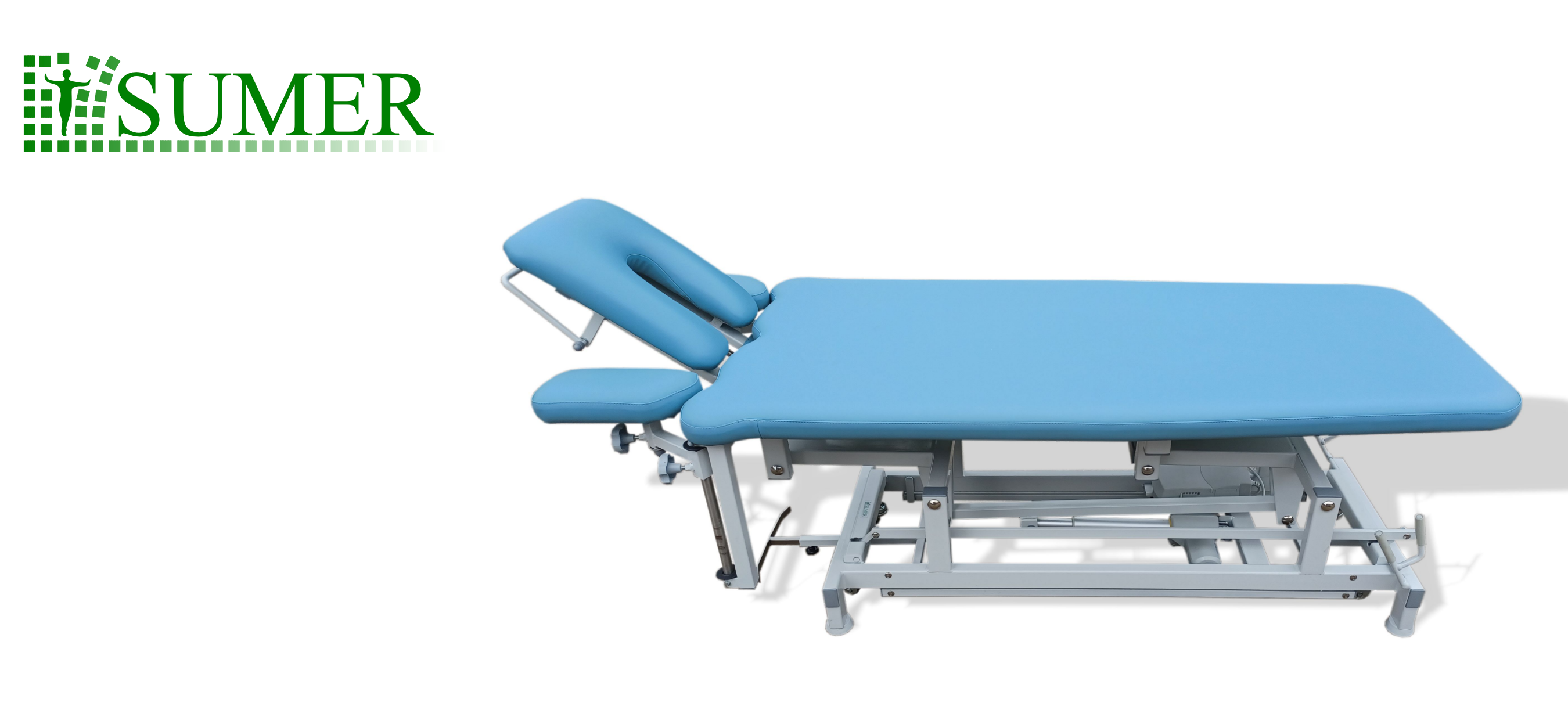 Dwusekcyjny stół do masażu i rehabilitacji z zagłówkiem i kołami